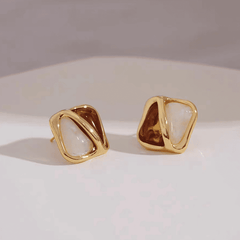 Red White Color Resin Spliced Square Shaped Gold Plated Stud Korean Earrings for Women