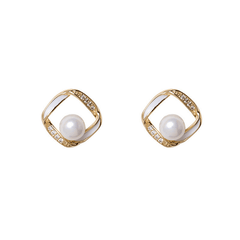 Simple Imitation Pearl Stud Earrings for Women with Rhinestone Light Luxury Shiny Korean Earring