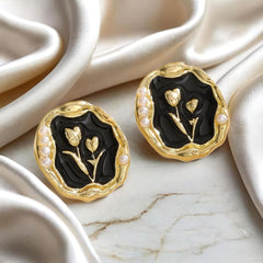 Latest Retro Irregular Circular Shaped Black Tulip Oil Painting Elegant Stud Korean Earrings for Girls