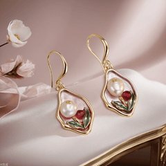 Luxury Vintage Style Metal Enamel Oil Painting Spring Flower Pearl Korean Drop Earrings for Women
