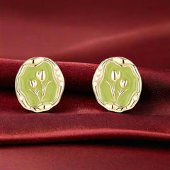 Latest Retro Irregular Circular Shaped Green Tulip Oil Painting Elegant Stud Korean Earrings for Girls (Copy)