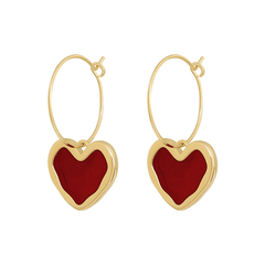 Vintage Red Enamel Love Heart Shaped Pendant Hoop type Korean Earrings for Women