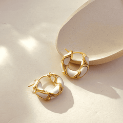 Trendy Enamel White Color Metal with Golden Texture Small Hoop Korean Earrings for Women