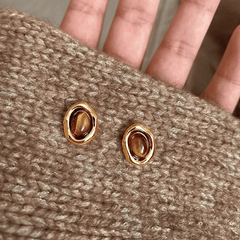 Retro Caramel Brown Color Tiger's Eye Stone Oval Shaped Stud Korean Earrings for Women