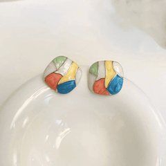Vintage Simple Modern Enamel Patchwork Colorful Geometric Square Stud Korean Earrings for Girls