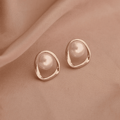 Vintage Golden Irregular Hollow Geometric Shaped With Simple white Pearl Stud Korean Earrings for Women