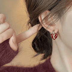 Vintage Trendy Red Enamel Metal Love Small Heart Shaped Korean Style Hoop Earrings for Women