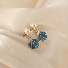 Trendy Blue Color SeaShell Drop Earring with White Pearl Korean Earring for Women