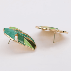 Green Enamel Hollow Coconut Palm Oil-dripping Leaf Stud Korean Earrings for Girls