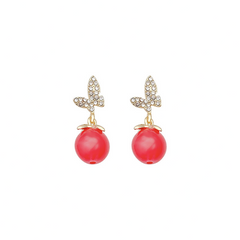 Beautiful Red Pearl Full of Diamonds Butterfly Drop Earrings New Korean Style Earrings for Women