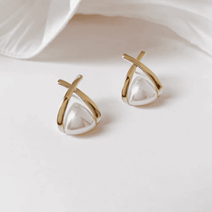 Latest Trendy Golden Triangle Shaped with White Pearl retro Stud Korean Earrings for Girls
