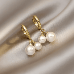 Elegant Double White Pearl Minimalist Gold Hoop Korean Earrings with Dual Pearl Charm for Women