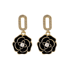 Vintage Modern Dailywear Black Camellia Flower with Rhinestone Drop Korean Earrings for Girls