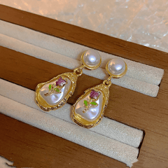 Vintage Golden Irregular Oval Shaped Flower Oil Painting Enamel Pearl Drop Korean Earrings
