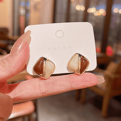 Red White Color Resin Spliced Square Shaped Gold Plated Stud Korean Earrings for Women