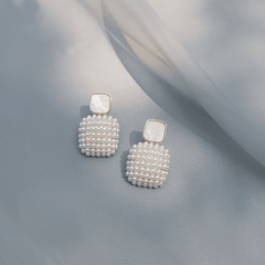 Trendy Simple White Square Pearl Pendant Drop Korean Earrings for Girls