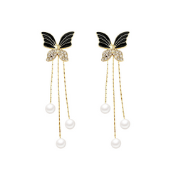Black Butterfly Tassel Earrings Fashionable Long Chain With Pearl Studded Earrings with Creative Front and Back Korean Earrings