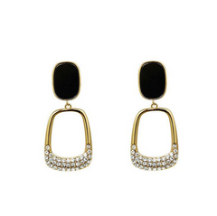 Vintage Golden Tone Rhinestone Black Enamel Oval shaped Dangle Drop Korean Earrings