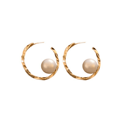 Fashion Big C-shaped Large Twisted Golden Hoop with Big Pearl Stud Korean Earrings