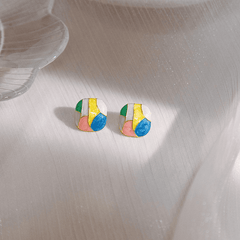 Vintage Simple Modern Enamel Patchwork Colorful Geometric Square Stud Korean Earrings for Girls