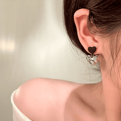 Black Texture Love Asymmetrical Luxury Double Heart Drop Korean Stud Earrings for Girls