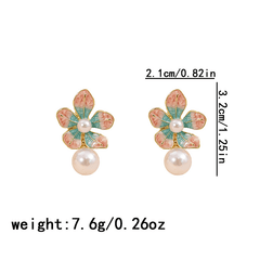 Lovely Oil Painted Pink Blue Flower with Pearl Drop Korean Earrings For Girls