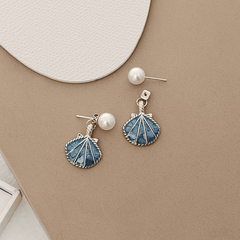 Trendy Blue Color SeaShell Drop Earring with White Pearl Korean Earring for Women