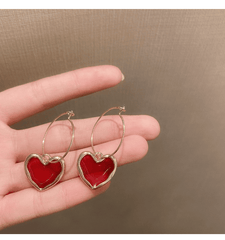 Vintage Red Enamel Love Heart Shaped Pendant Hoop type Korean Earrings for Women