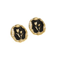 Latest Retro Irregular Circular Shaped Black Tulip Oil Painting Elegant Stud Korean Earrings for Girls
