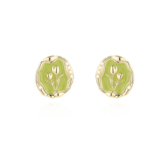 Latest Retro Irregular Circular Shaped Green Tulip Oil Painting Elegant Stud Korean Earrings for Girls (Copy)