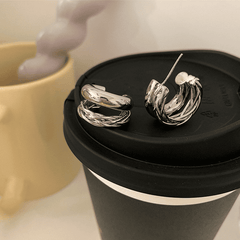 Elegant Silver Plated Double Layered C Shape Twisted Hoop Korean Earrings for Women