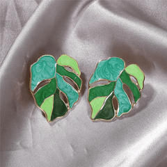 Green Enamel Hollow Coconut Palm Oil-dripping Leaf Stud Korean Earrings for Girls