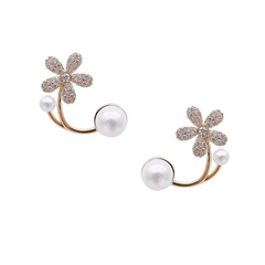 Luxury Rhinestone Flower with White Pearl Elegant Stud Korean Earrings for Women