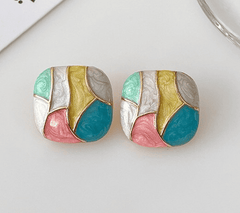 Vintage Simple Modern Enamel Patchwork Colorful Geometric Square Stud Korean Earrings for Girls