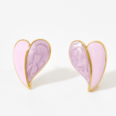 Vintage Pink Enamel Shiny Love Heart-shaped Stud Korean Earrings for Girls