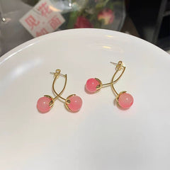 Vintage Pink Cherry Fruit Fringe Drop Stud Fashion Korean Earring