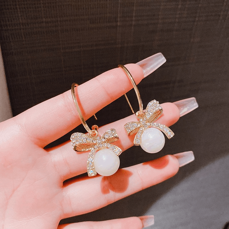 Trendy Bowknot Pearl Earrings Dangle Shape Drop Diamond Stud Korean Elegant Earrings