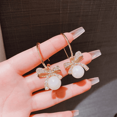 Trendy Bowknot Pearl Earrings Dangle Shape Drop Diamond Stud Korean Elegant Earrings