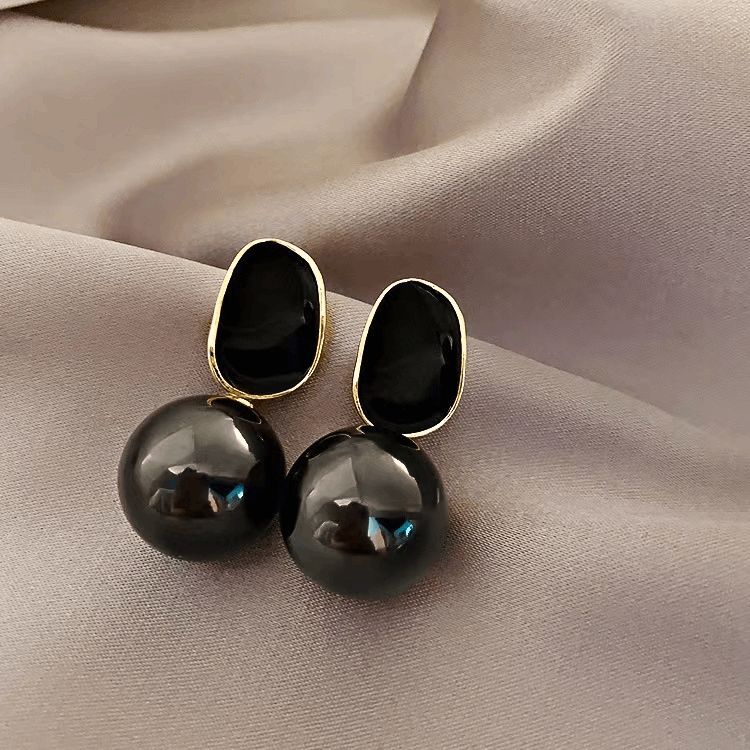 French Style Black Big Pearl with Elegant Enamel Drop Pearl Korean Earrings for Women