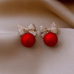 Latest Gold Plated Crystal Diamonds Red Bow Pearl Drop Korean Earrings for Women