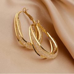 Crystal Mesh Hoop Golden Plated Oval Shaped Hoop Circle Korean Earrings For Party