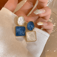Korean Blue-White Assymetrical Luxury Square Resin Earrings Water Wave Pattern Drop Earrings