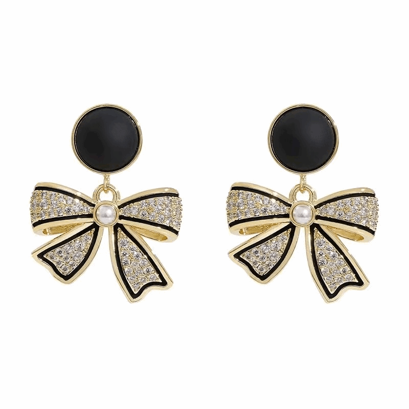 Korean Black Bow Stud Earrings Light Luxury Design with Sparkles Bowknot Fashion Earrings for Women