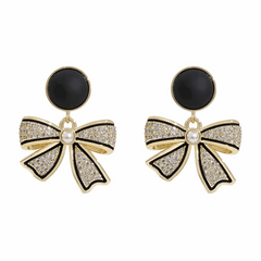 Korean Black Bow Stud Earrings Light Luxury Design with Sparkles Bowknot Fashion Earrings for Women