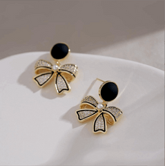 Korean Black Bow Stud Earrings Light Luxury Design with Sparkles Bowknot Fashion Earrings for Women