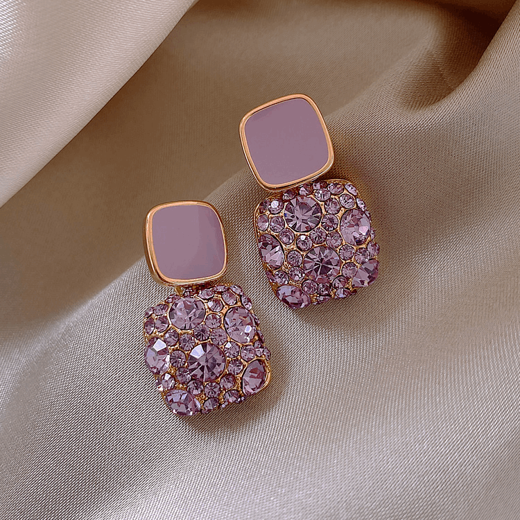 Hot Selling Korean Purple Square Crystal Rhinestone Earrings Elegant Geometric Diamond Earrings