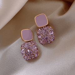 Hot Selling Korean Purple Square Crystal Rhinestone Earrings Elegant Geometric Diamond Earrings