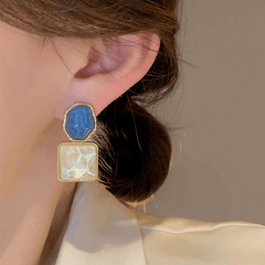 Korean Blue-White Assymetrical Luxury Square Resin Earrings Water Wave Pattern Drop Earrings