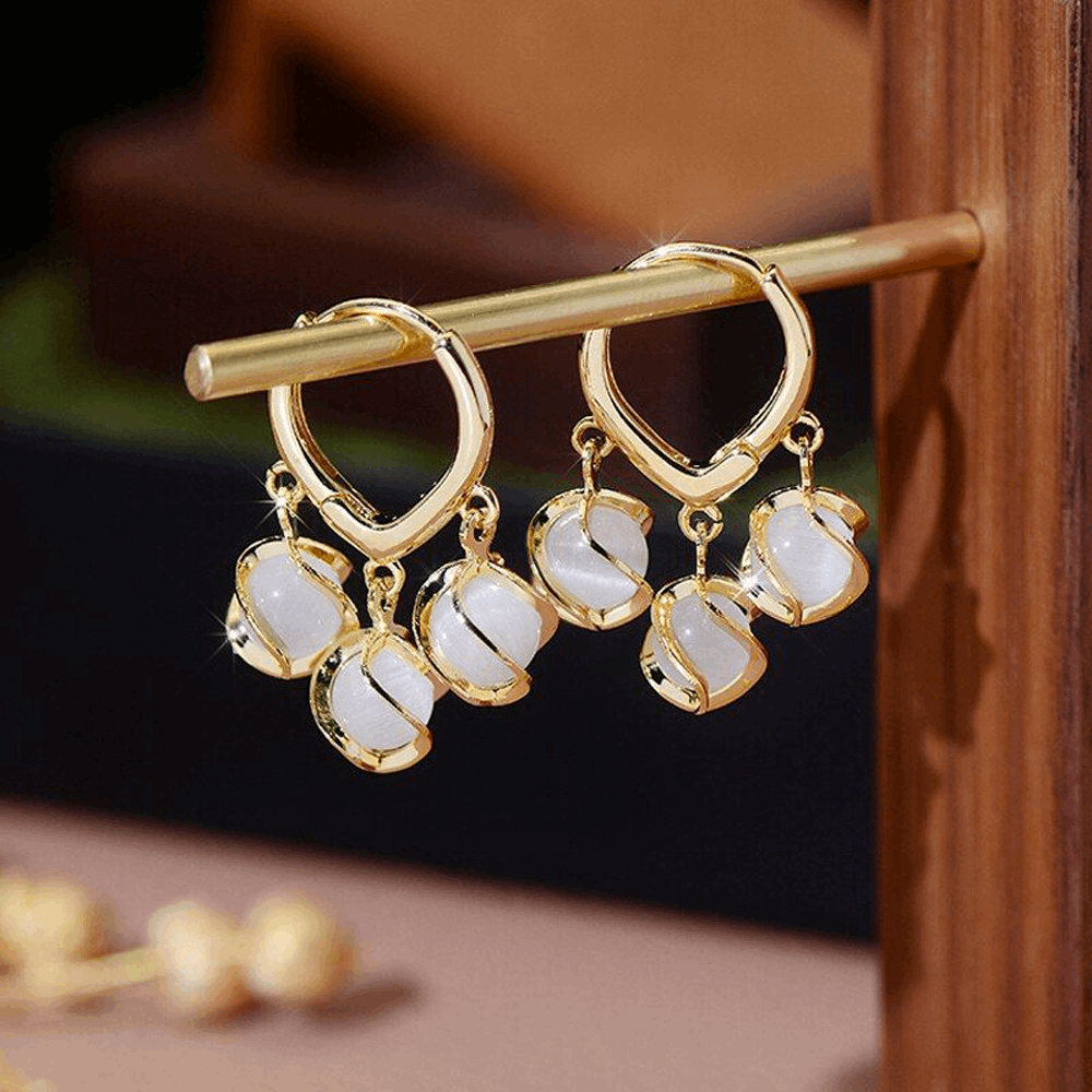 Minimalist Gold Fancy Opal Jade Crystal Ball Hoop Lock Tassel Drop Korean Earrings