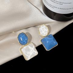 Korean Blue-White Assymetrical Luxury Square Resin Earrings Water Wave Pattern Drop Earrings